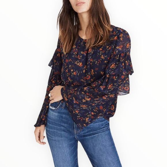 Madewell Tiered Ruffle-Sleeve Top in Climbing Vine Navy Floral size Small - Picture 1 of 14